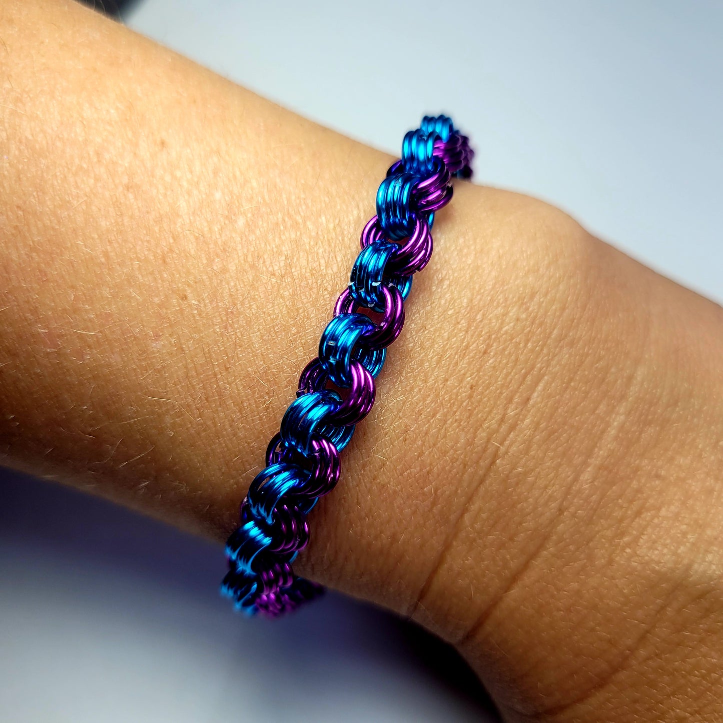 Bracelet, blue and purple chainmail