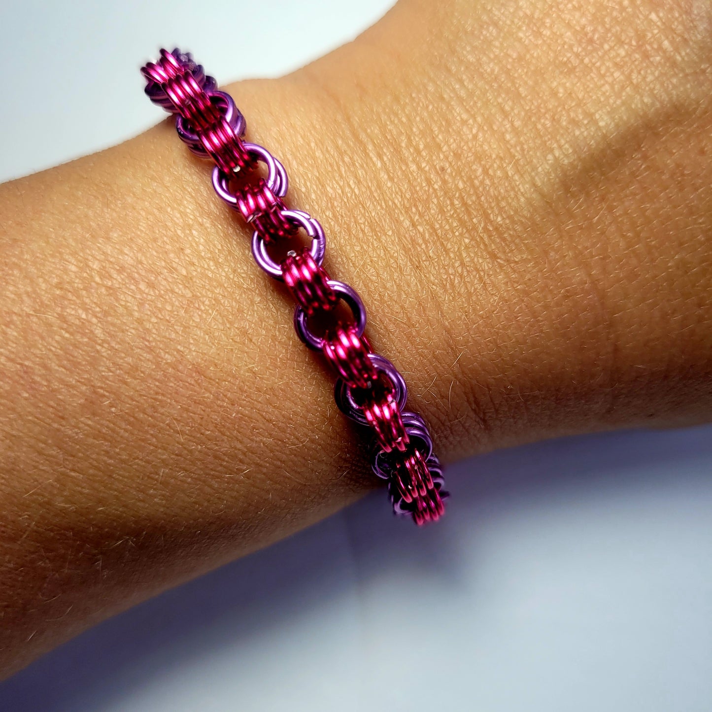 Bracelet, pink and purple chainmail