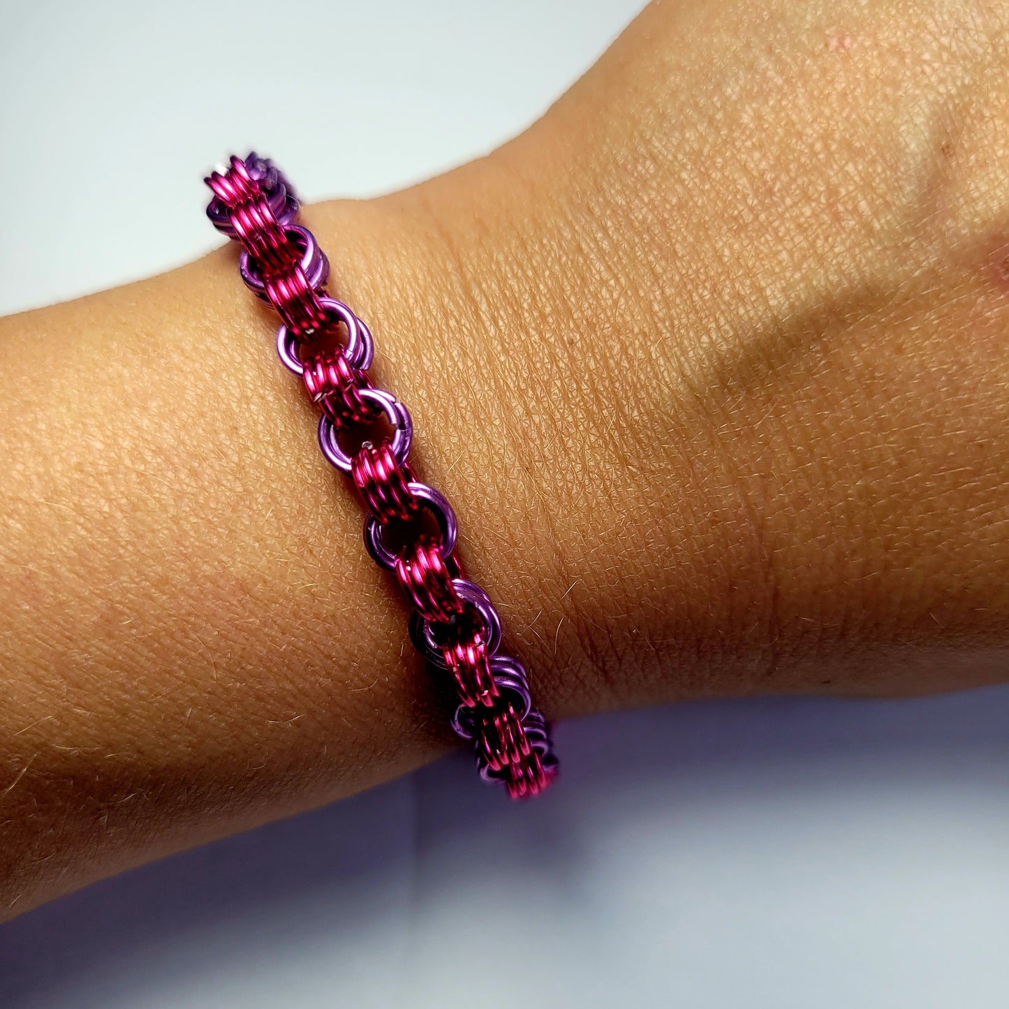 Bracelet, pink and purple chainmail