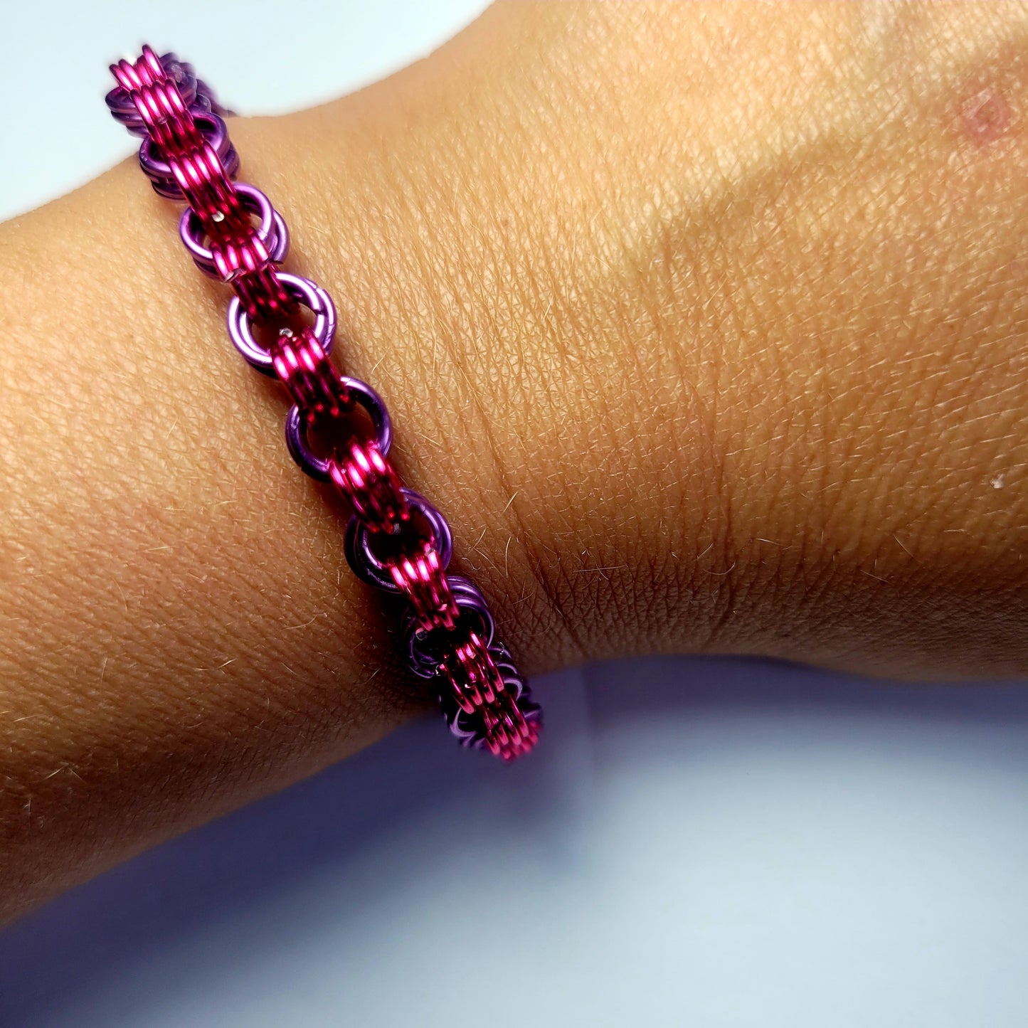 Bracelet, pink and purple chainmail