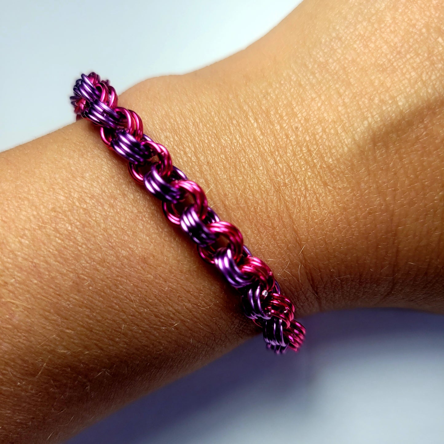 Bracelet, pink and purple chainmail