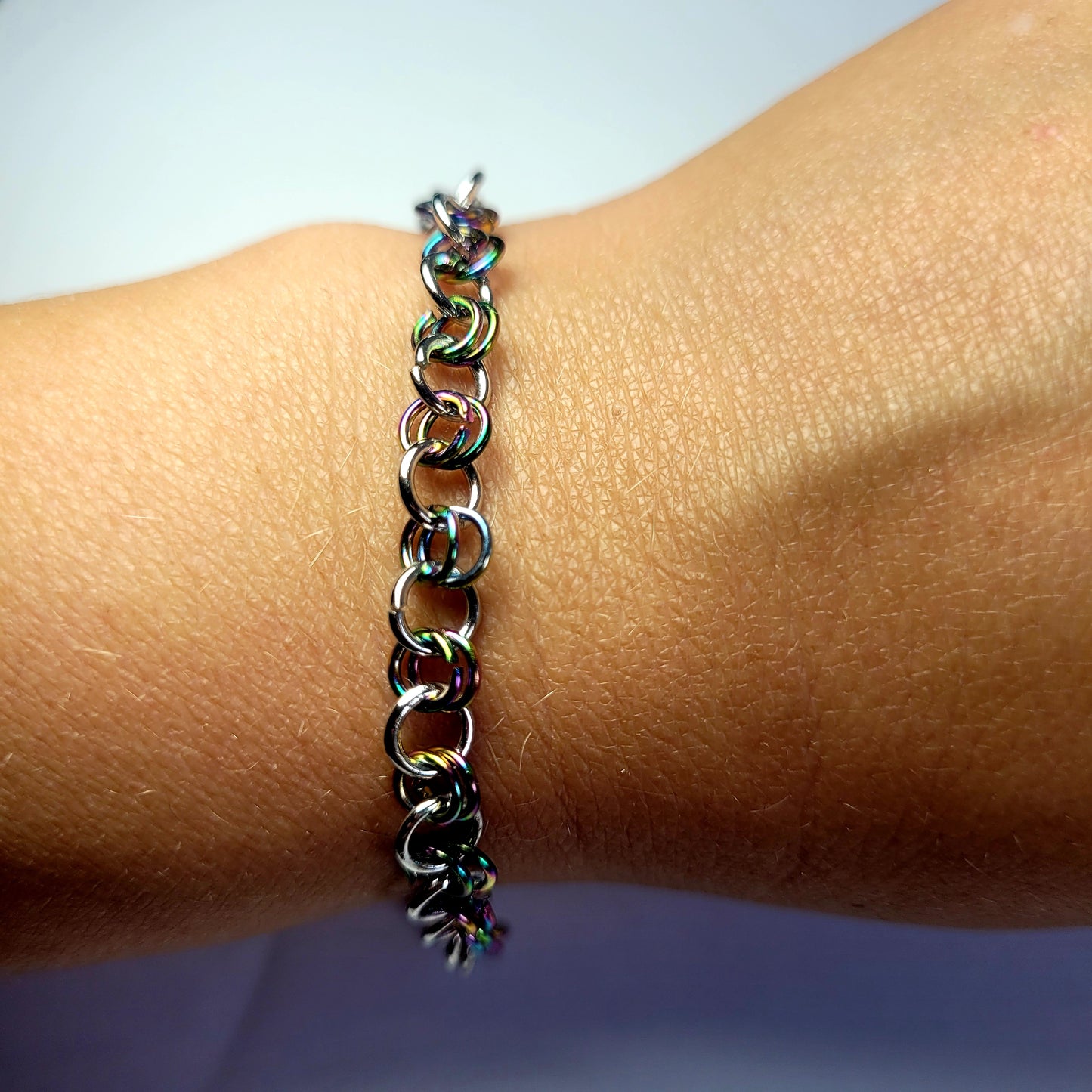 Bracelet and earring set, multichrome, rainbow stainless steel chainmail