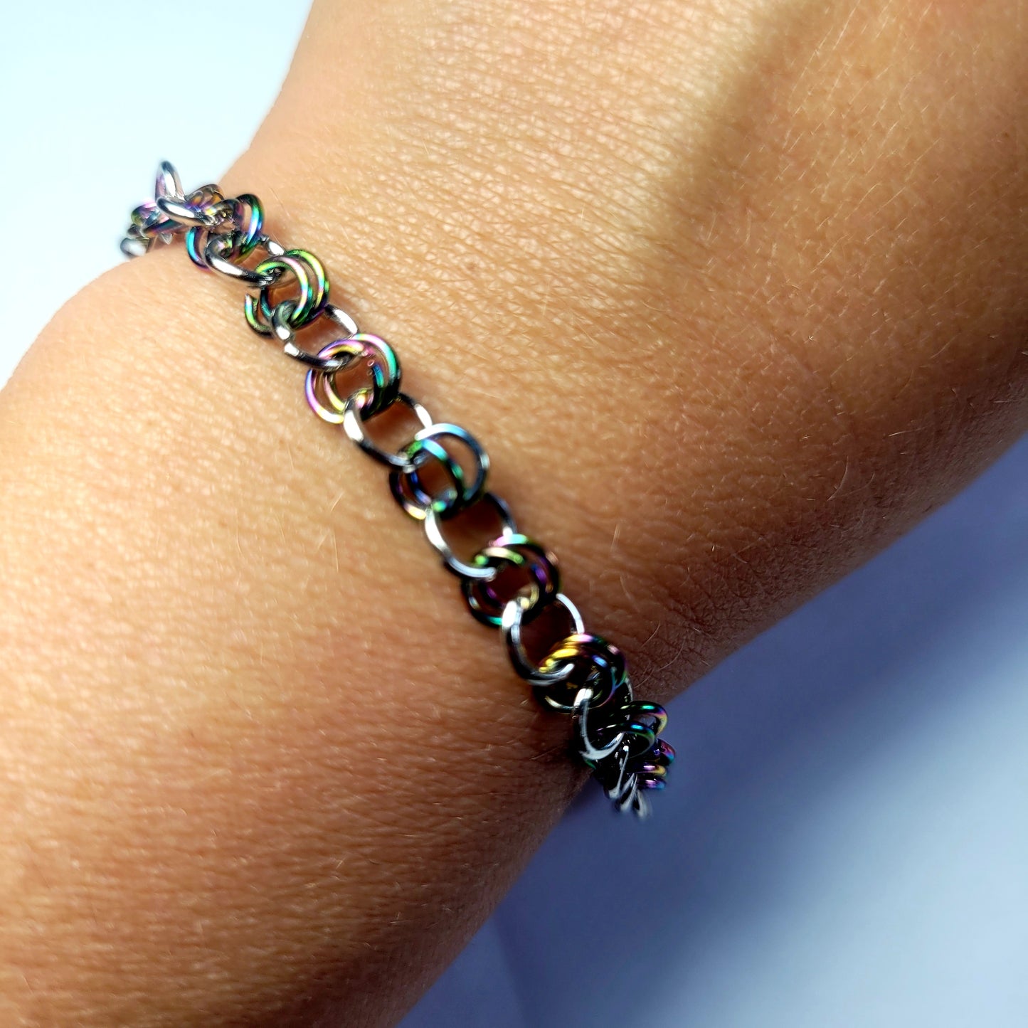 Bracelet and earring set, multichrome, rainbow stainless steel chainmail