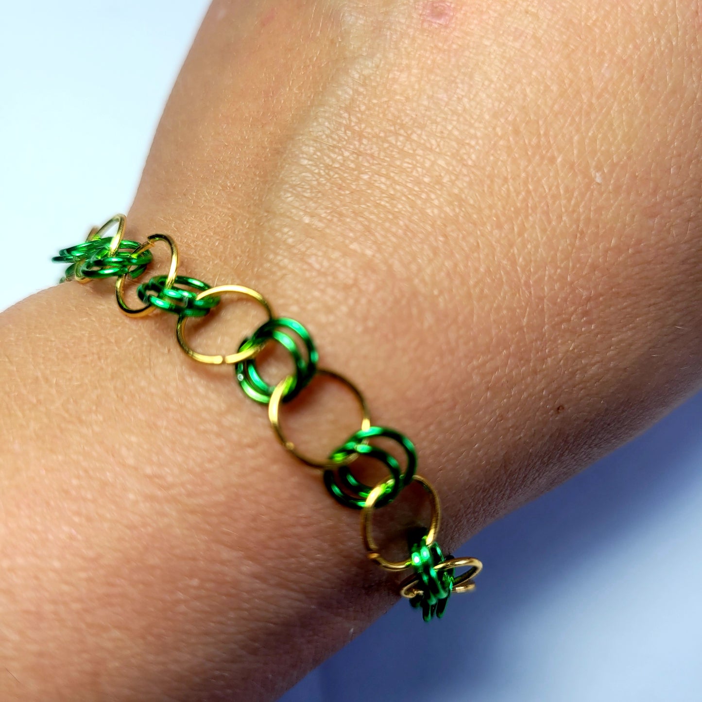 Bracelet and earring set, green and gold chainmail