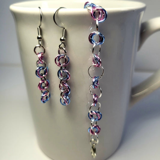 Bracelet and earring set, light pink, blue and silver chainmail