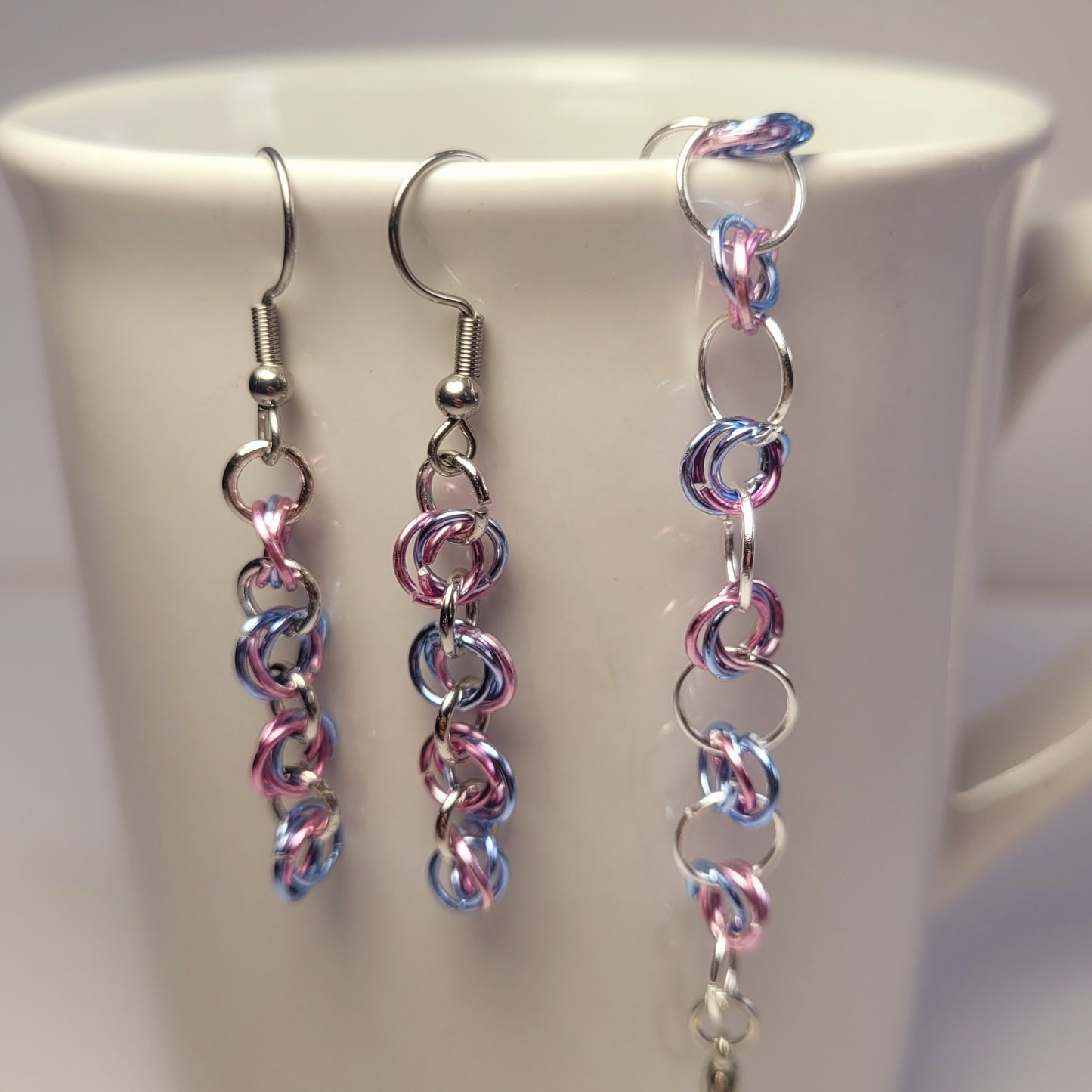Bracelet and earring set, light pink, blue and silver chainmail