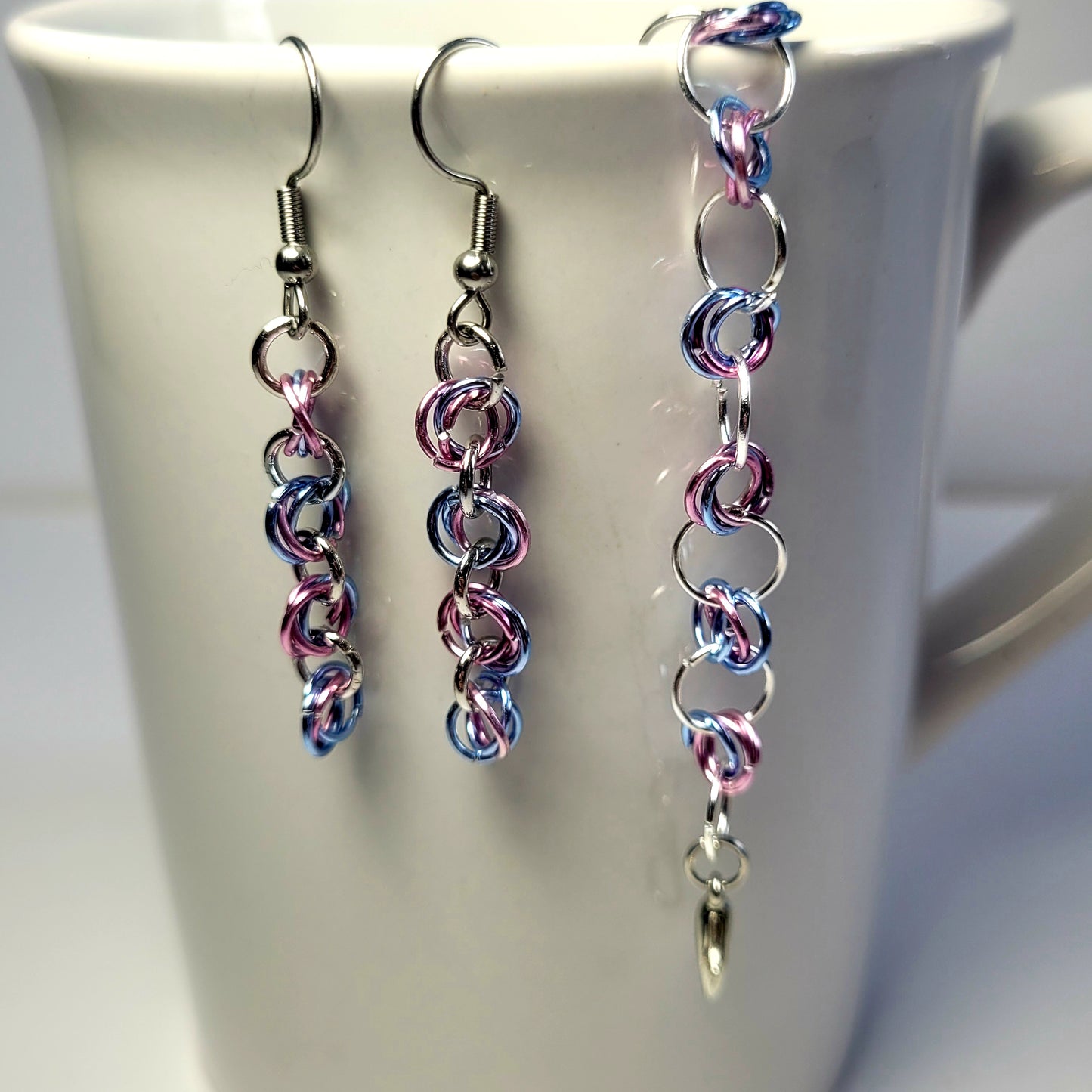 Bracelet and earring set, light pink, blue and silver chainmail