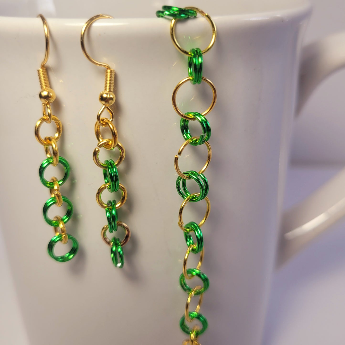 Bracelet and earring set, green and gold chainmail