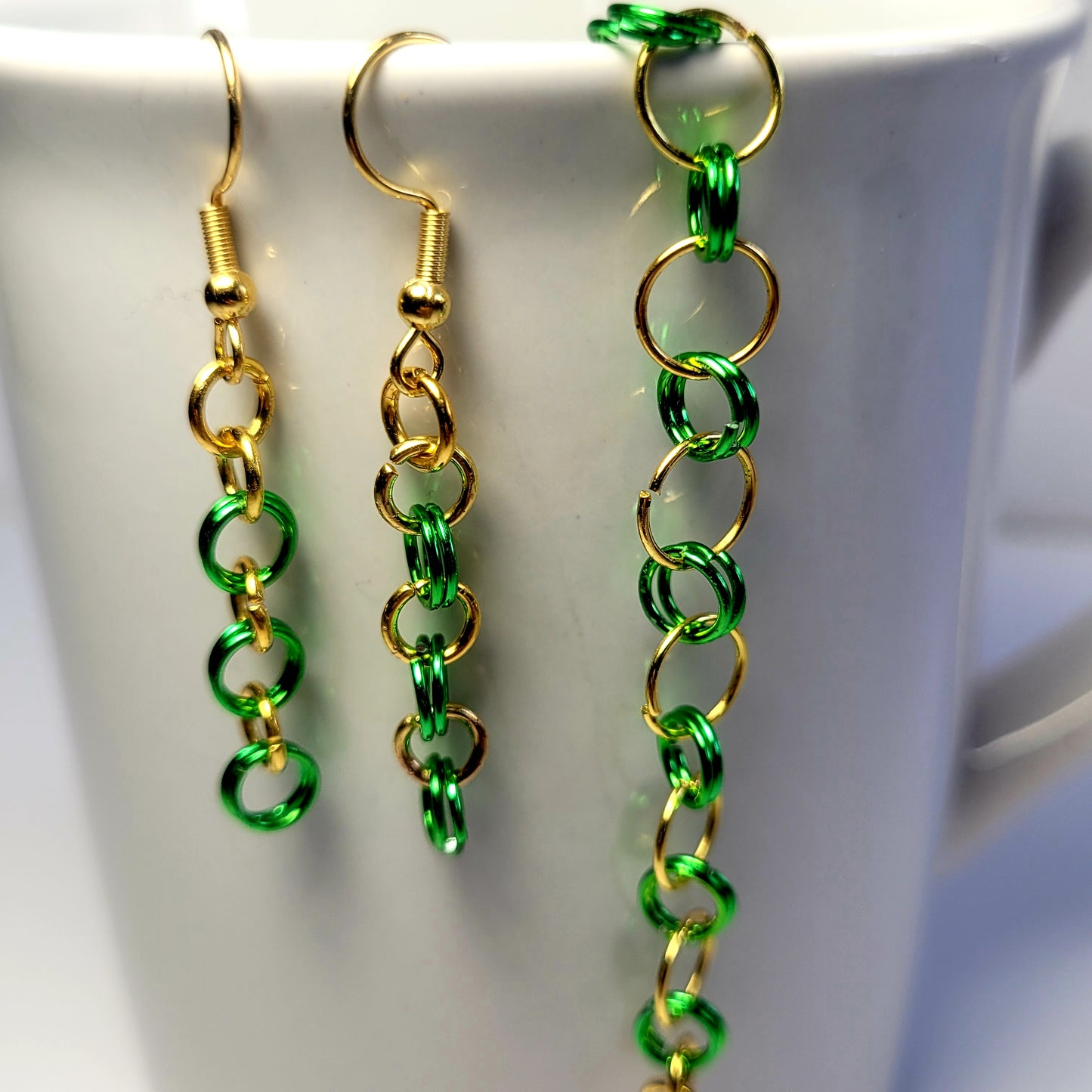 Bracelet and earring set, green and gold chainmail