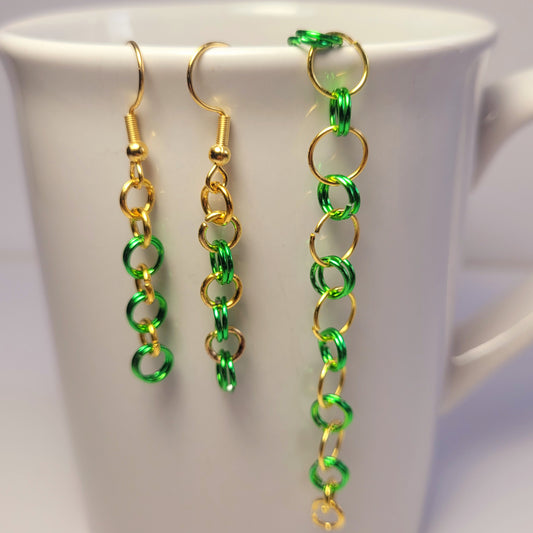 Bracelet and earring set, green and gold chainmail