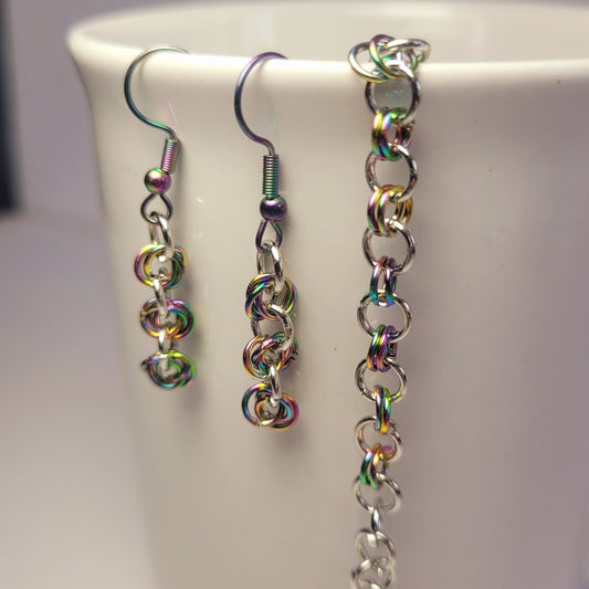 Bracelet and earring set, multichrome, rainbow stainless steel chainmail