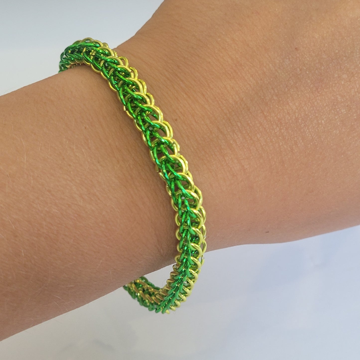 Bracelet, green and yellow chainmail