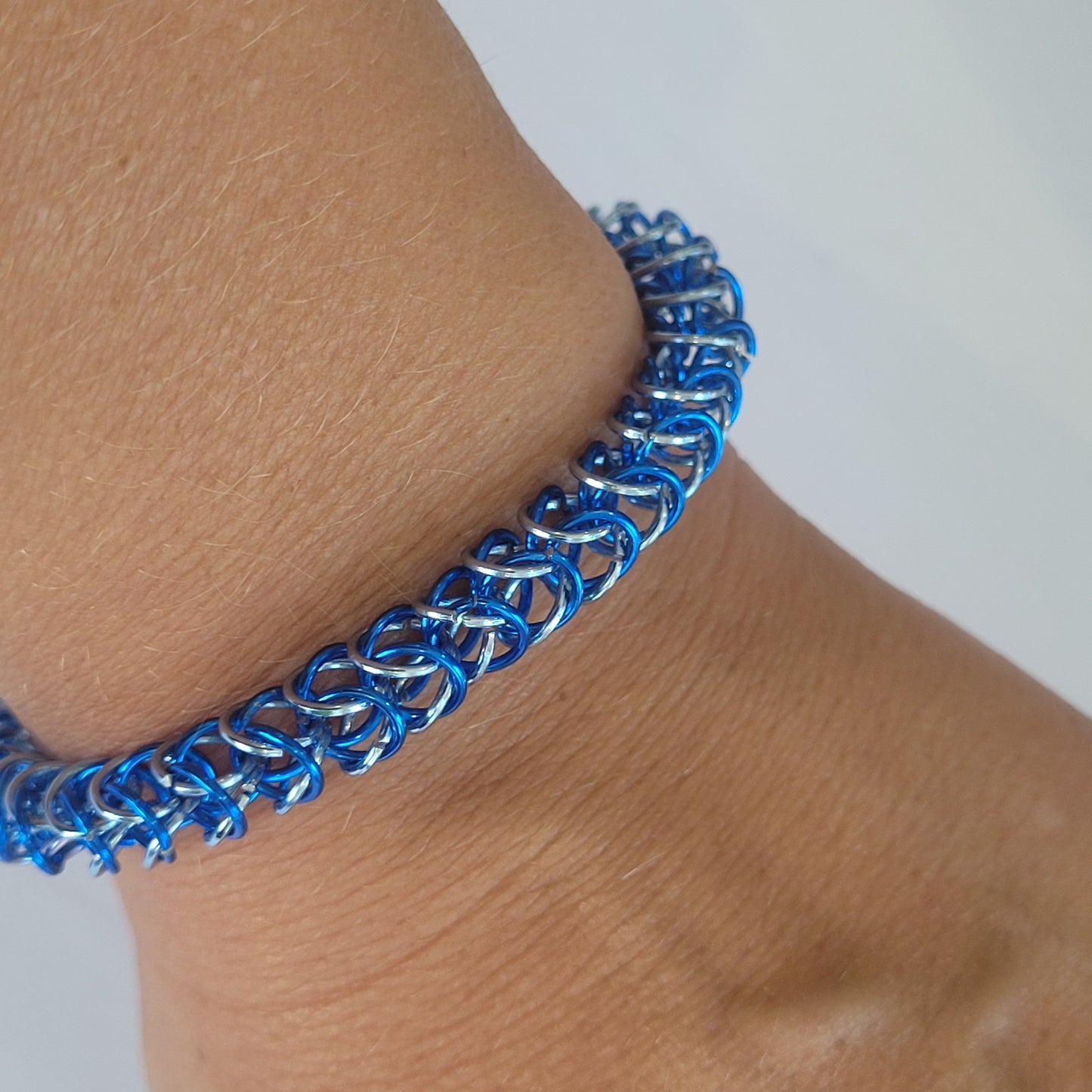 Bracelet, blue and ice blue chainmail