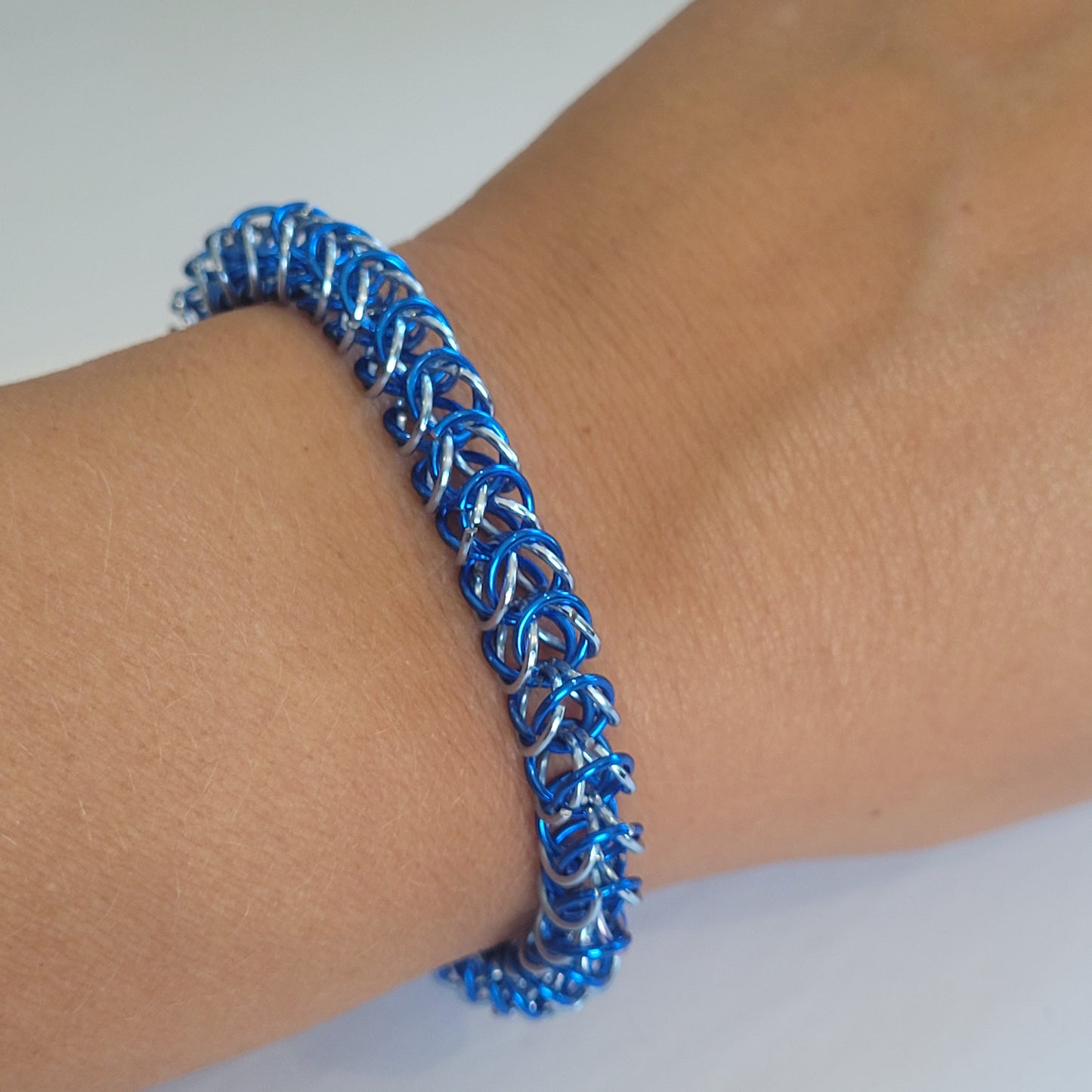 Bracelet, blue and ice blue chainmail