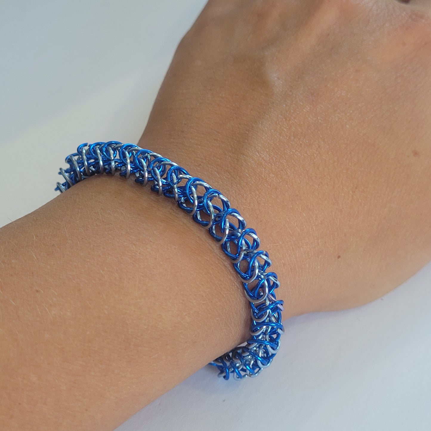 Bracelet, blue and ice blue chainmail