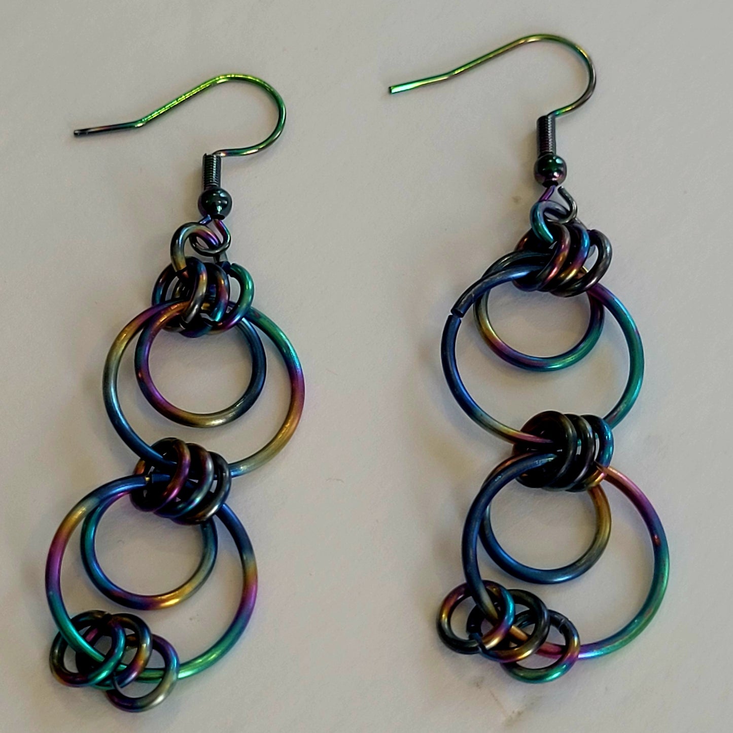 Earrings, multichrome rainbow circles chainmail