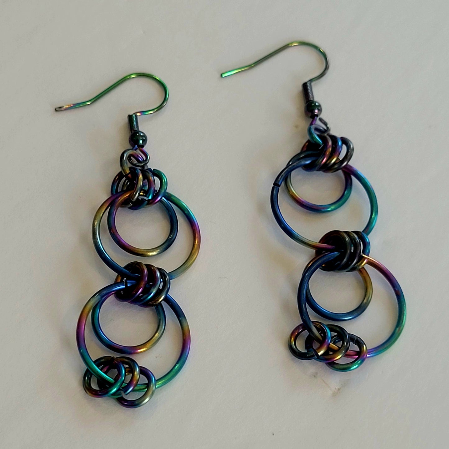 Earrings, multichrome rainbow circles chainmail