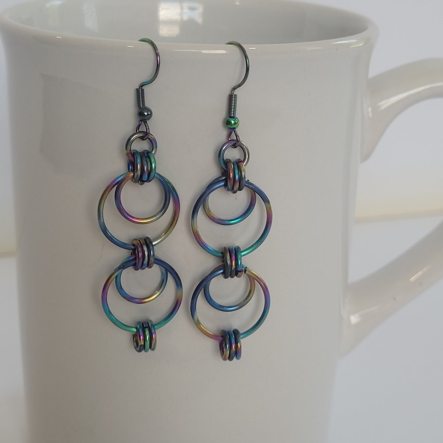 Earrings, multichrome rainbow circles chainmail