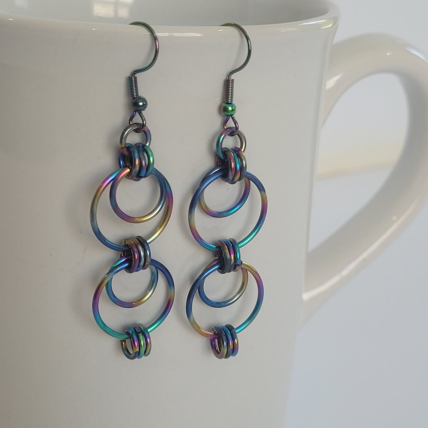 Earrings, multichrome rainbow circles chainmail