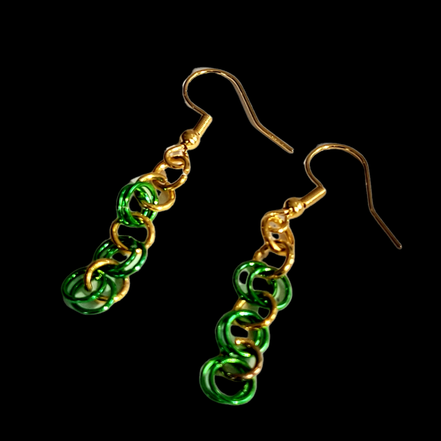 Bracelet and earring set, green and gold chainmail