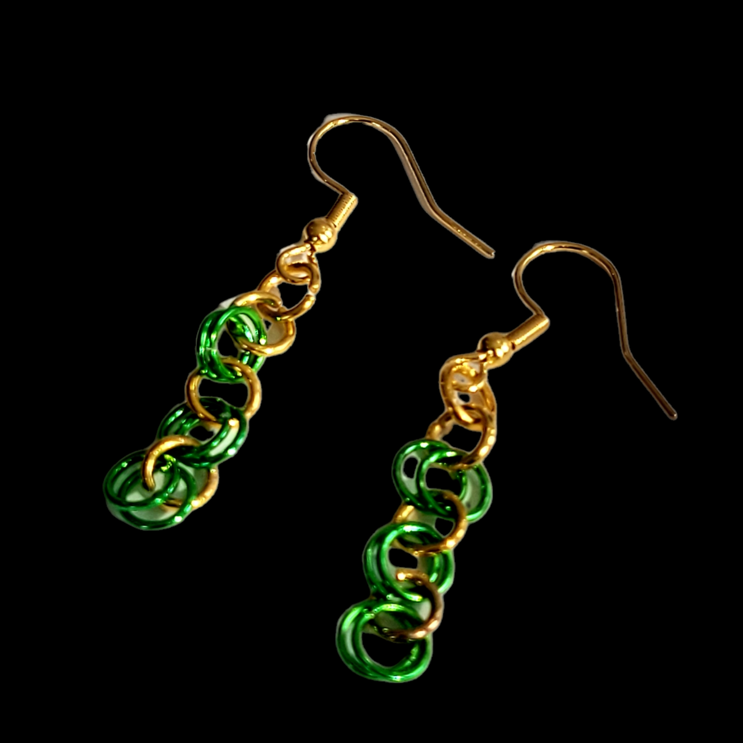 Earrings, green and gold chainmail
