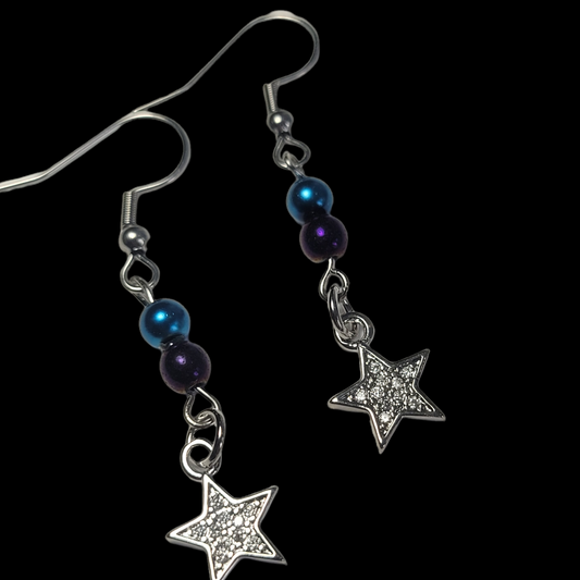Earrings, blue and purple bead with dangle diamond star