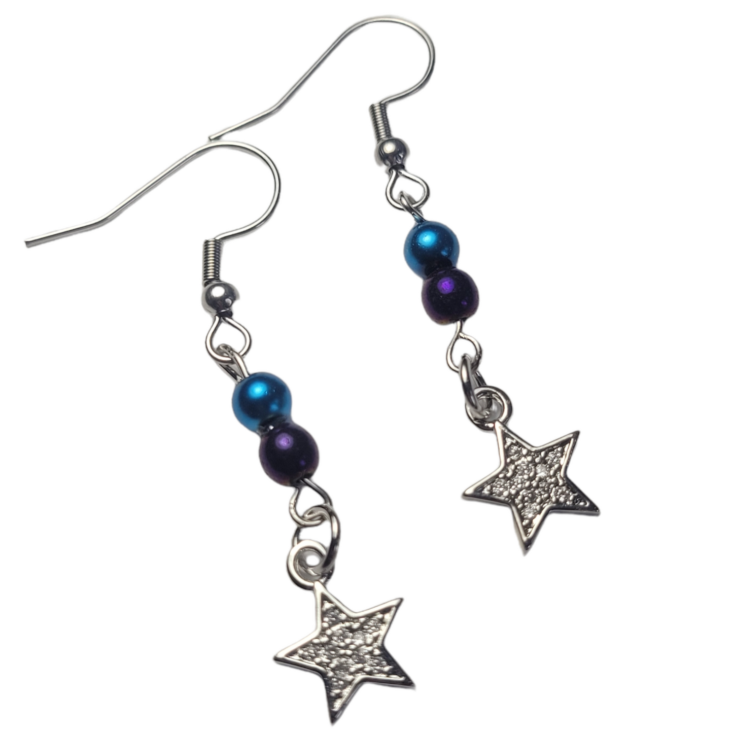 Earrings, blue and purple bead with dangle diamond star