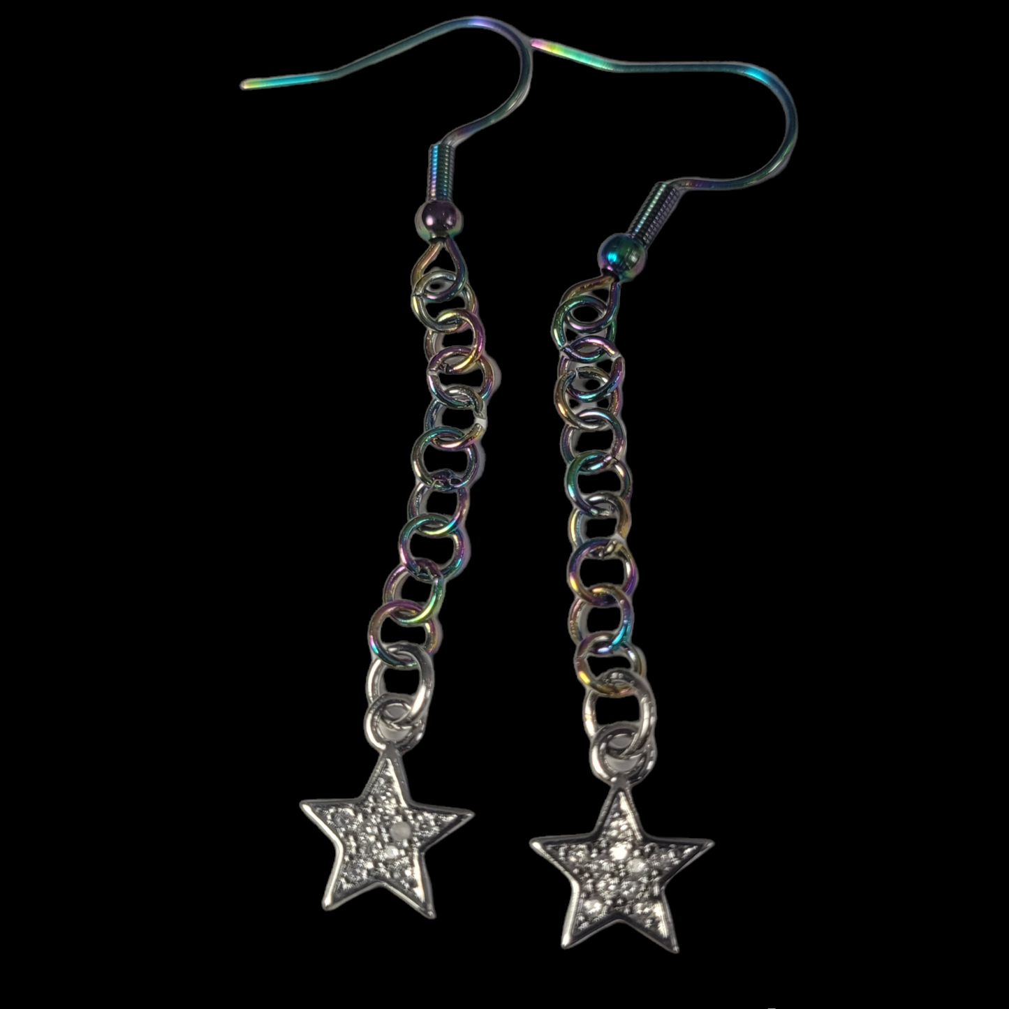 Earrings, multichrome rainbow chainmaille with dangle star