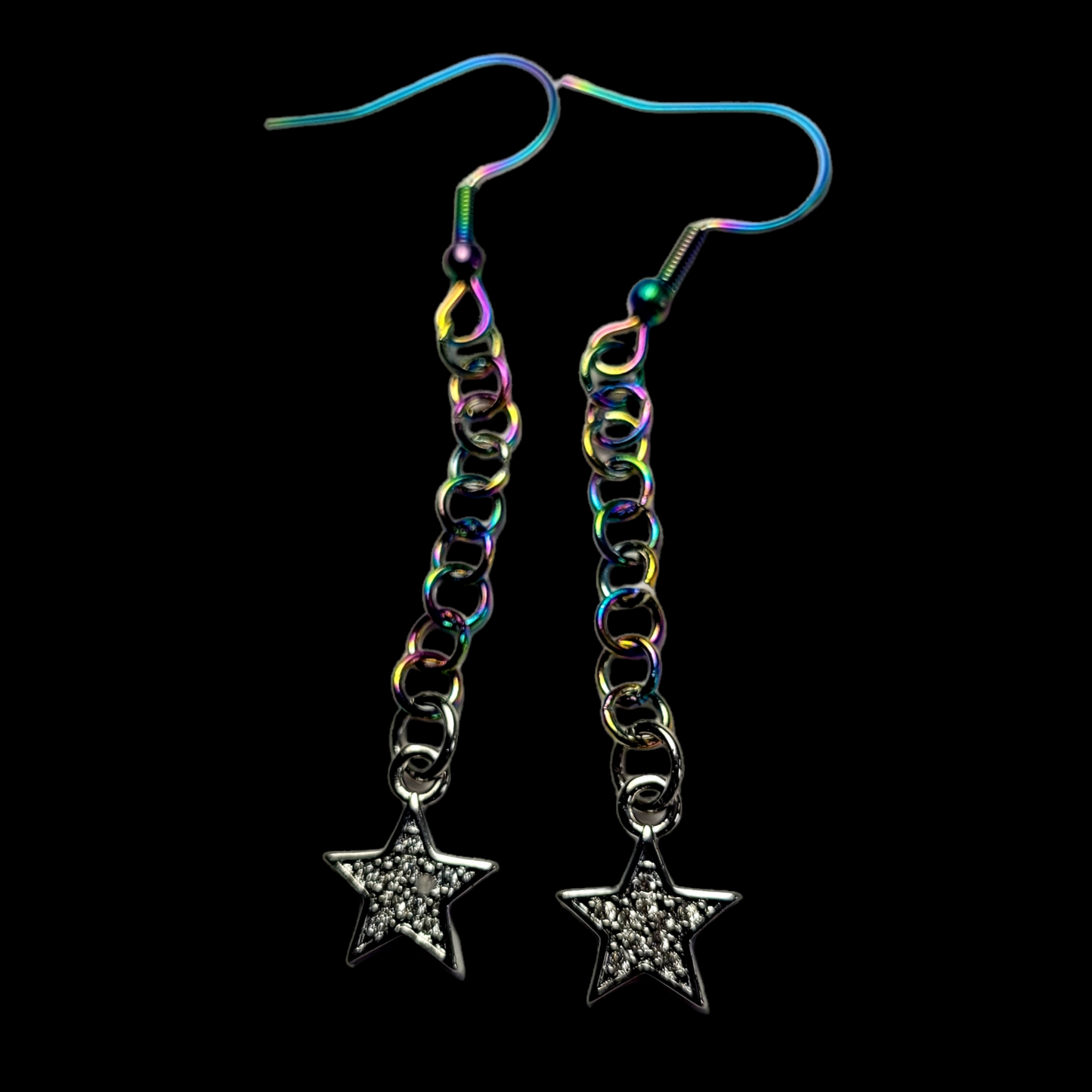 Earrings, multichrome rainbow chainmaille with dangle star