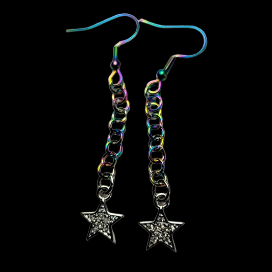 Earrings, multichrome rainbow chainmaille with dangle star