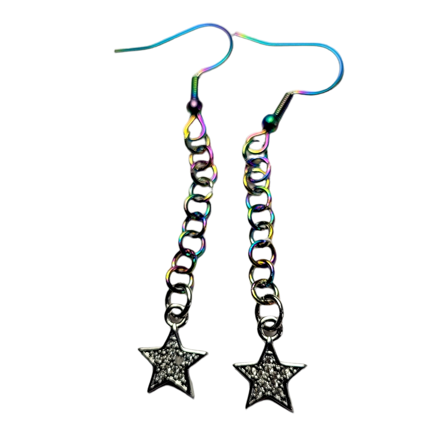 Earrings, multichrome rainbow chainmaille with dangle star