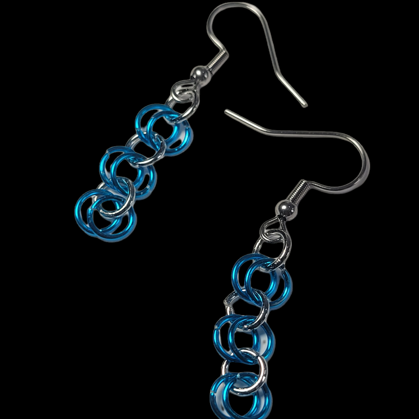Earrings, blue and silver chainmail