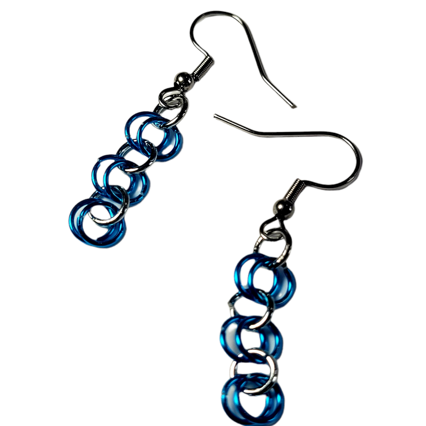 Earrings, blue and silver chainmail