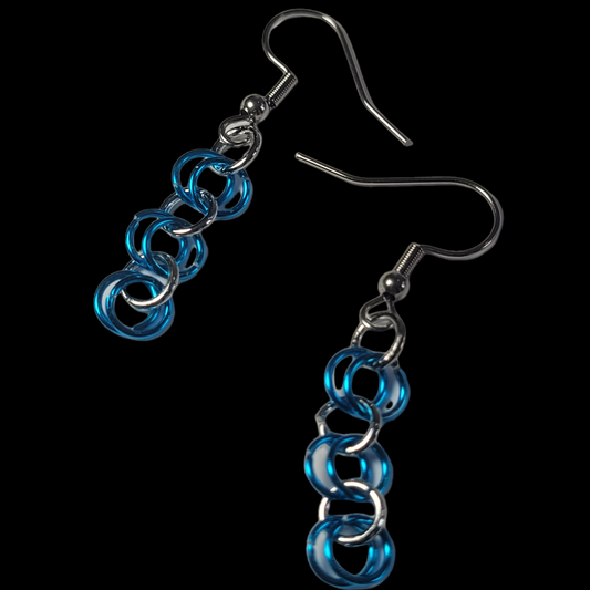 Earrings, blue and silver chainmail