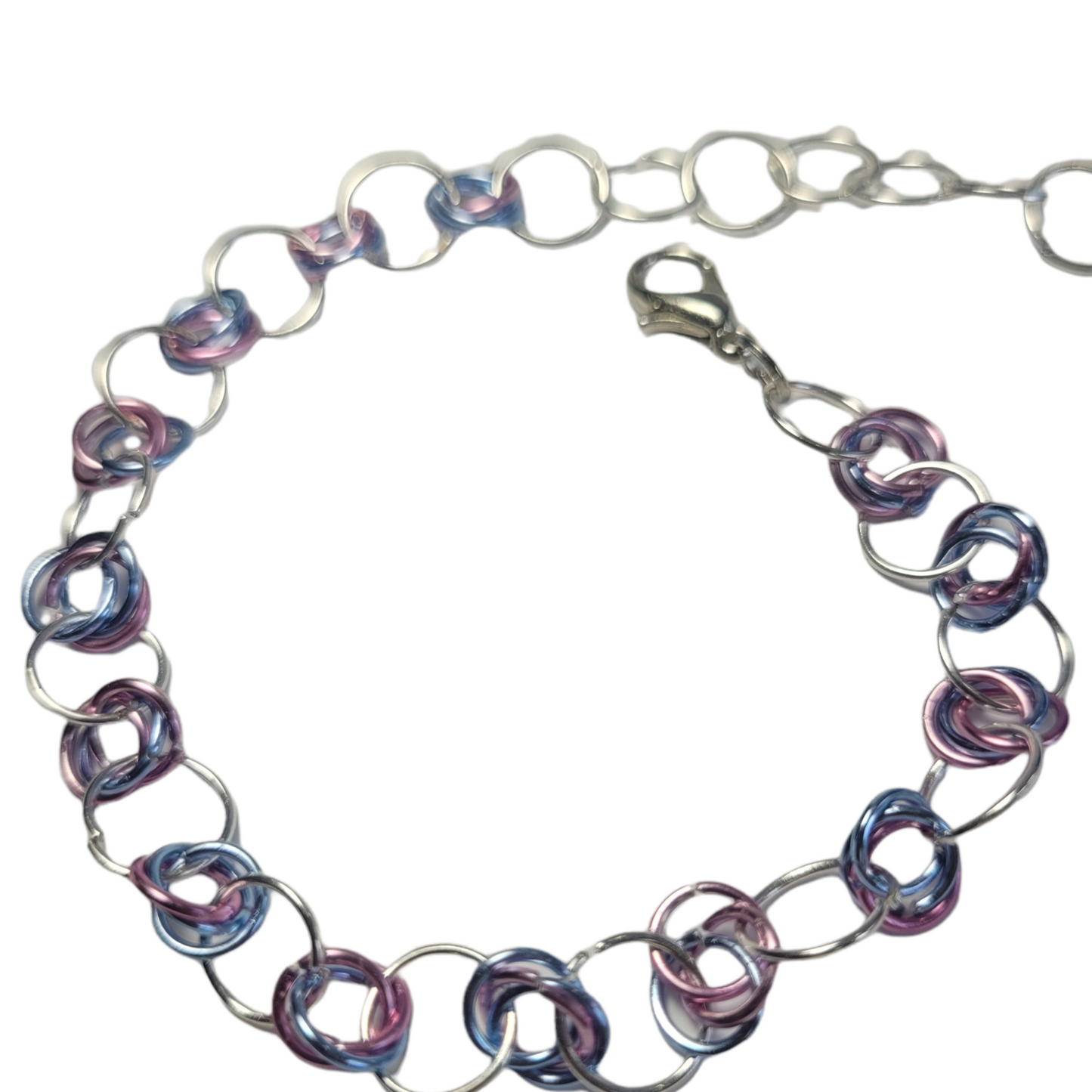 Bracelet and earring set, light pink, blue and silver chainmail