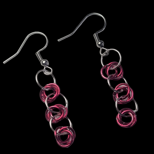 Earrings, pink and silver chainmail