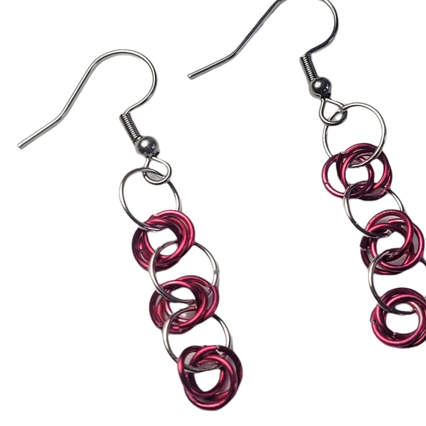 Earrings, pink and silver chainmail