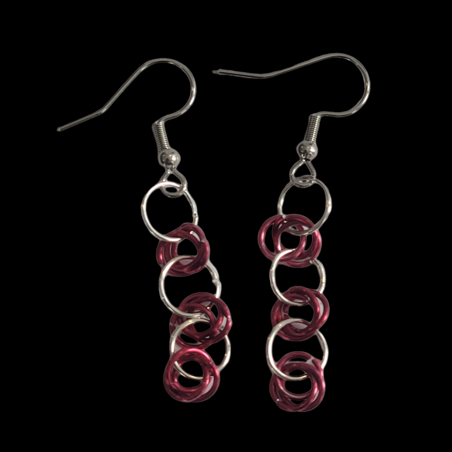 Earrings, pink and silver chainmail