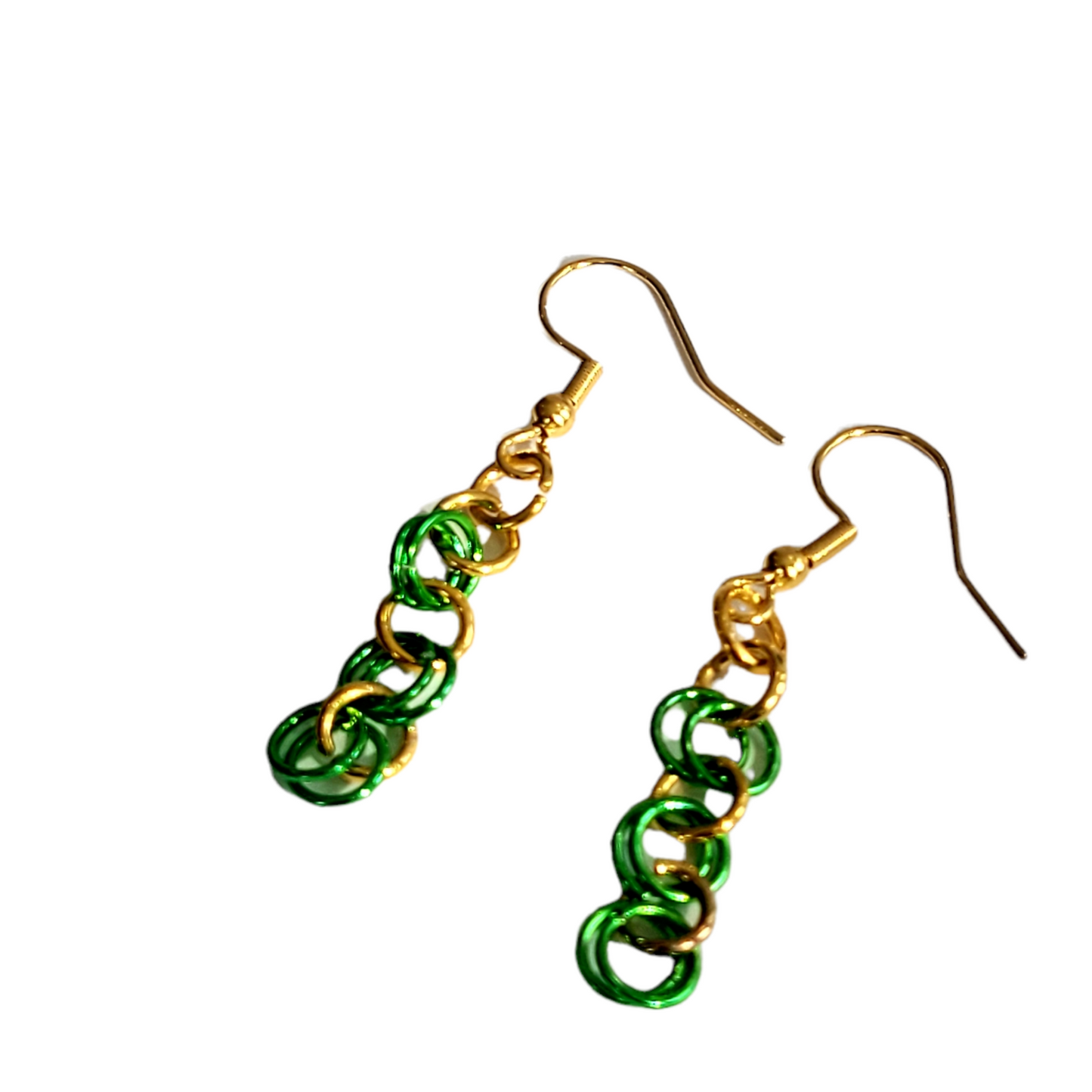 Bracelet and earring set, green and gold chainmail