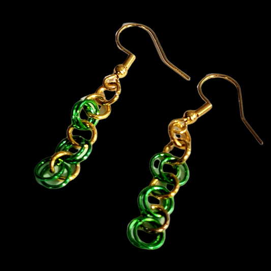 Earrings, green and gold chainmail