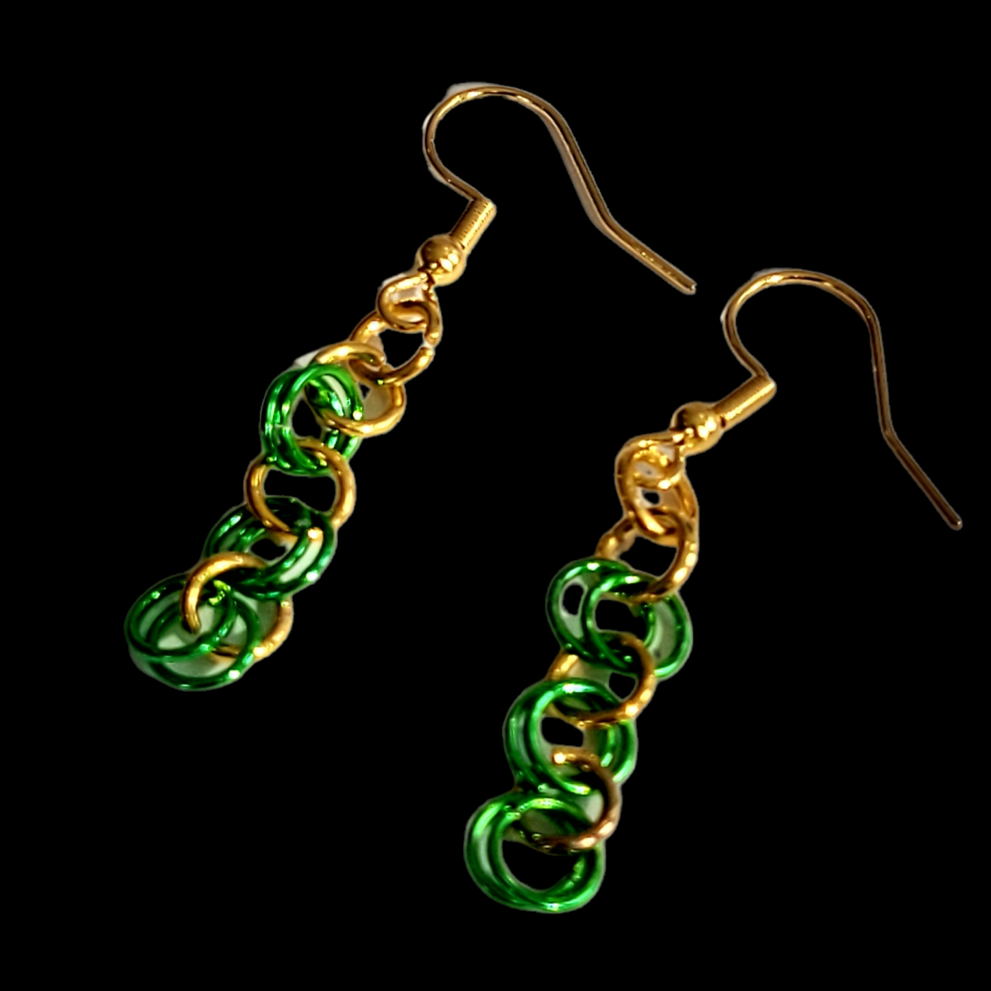 Bracelet and earring set, green and gold chainmail