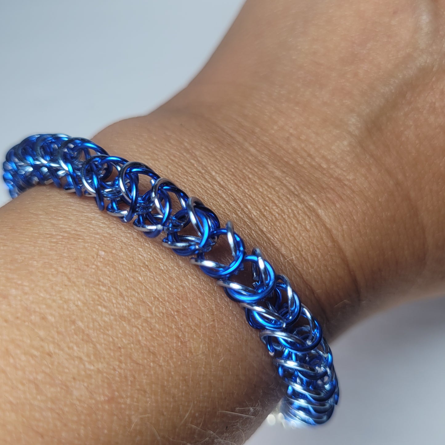 Bracelet, blue and ice blue chainmail