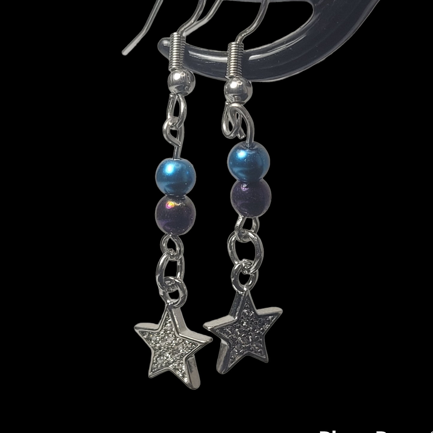 Earrings, blue and purple bead with dangle diamond star