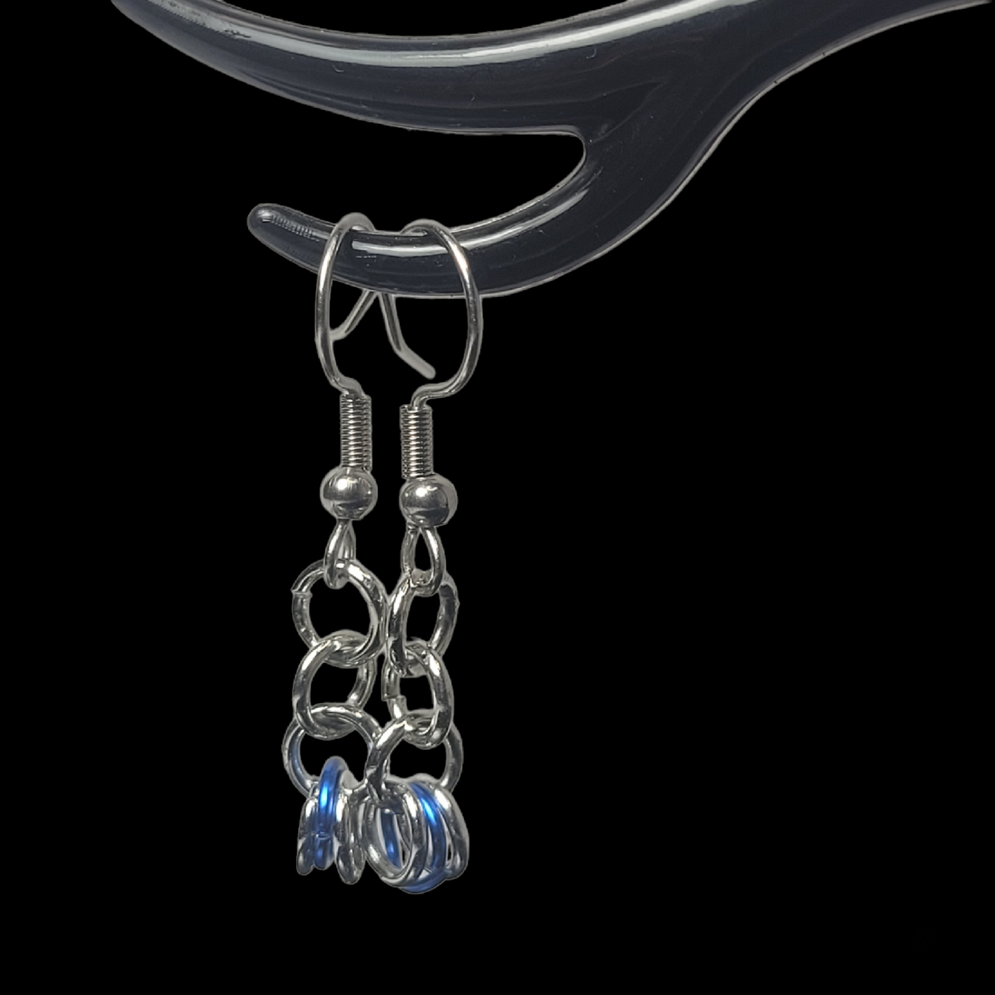 Earrings, dark blue and silver chainmail