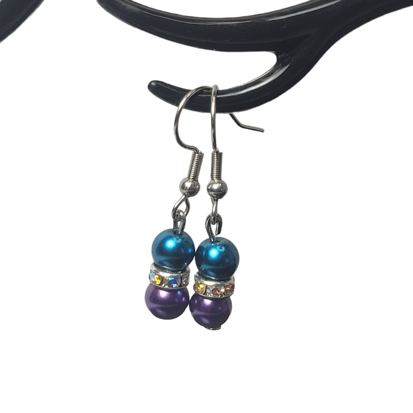 Earrings, blue and purple beads with diamonds