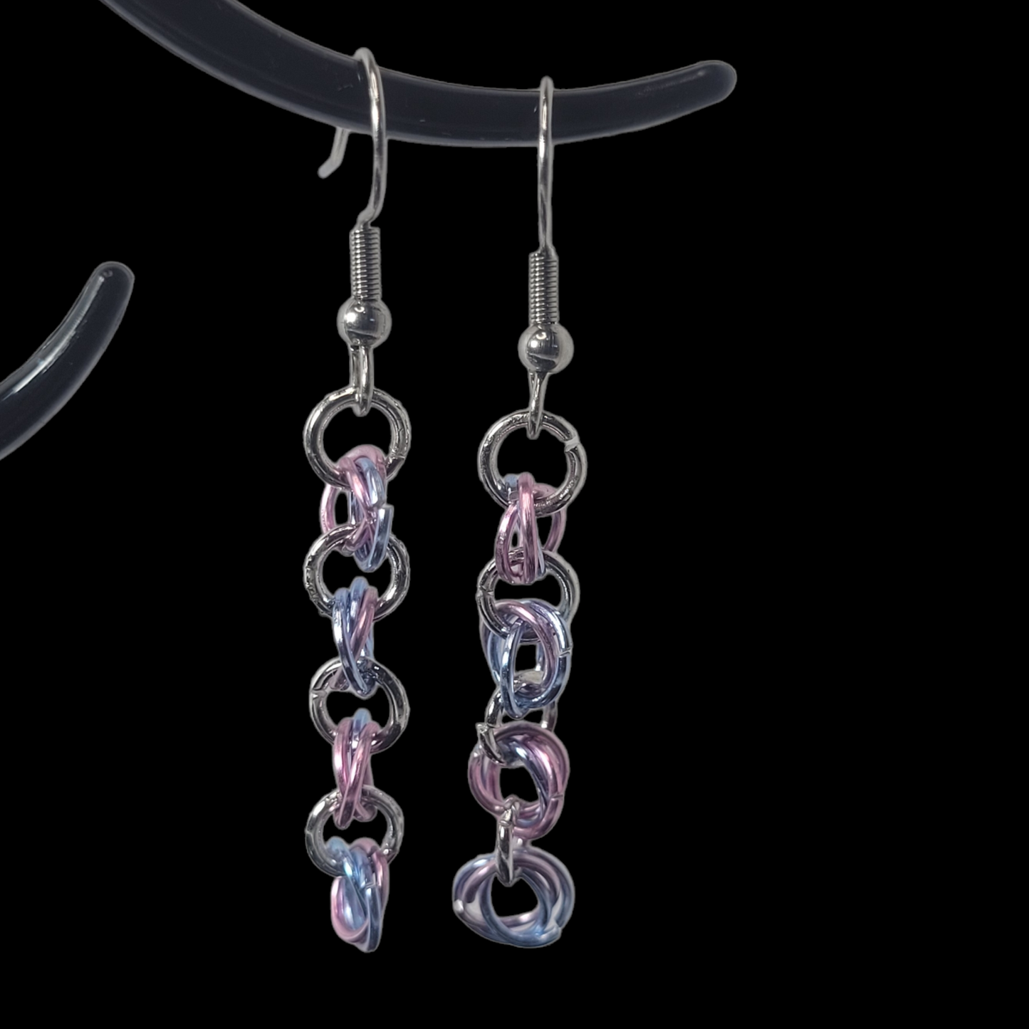 Bracelet and earring set, light pink, blue and silver chainmail