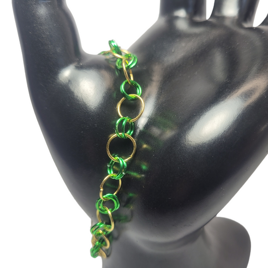 Bracelet, green and gold chainmail