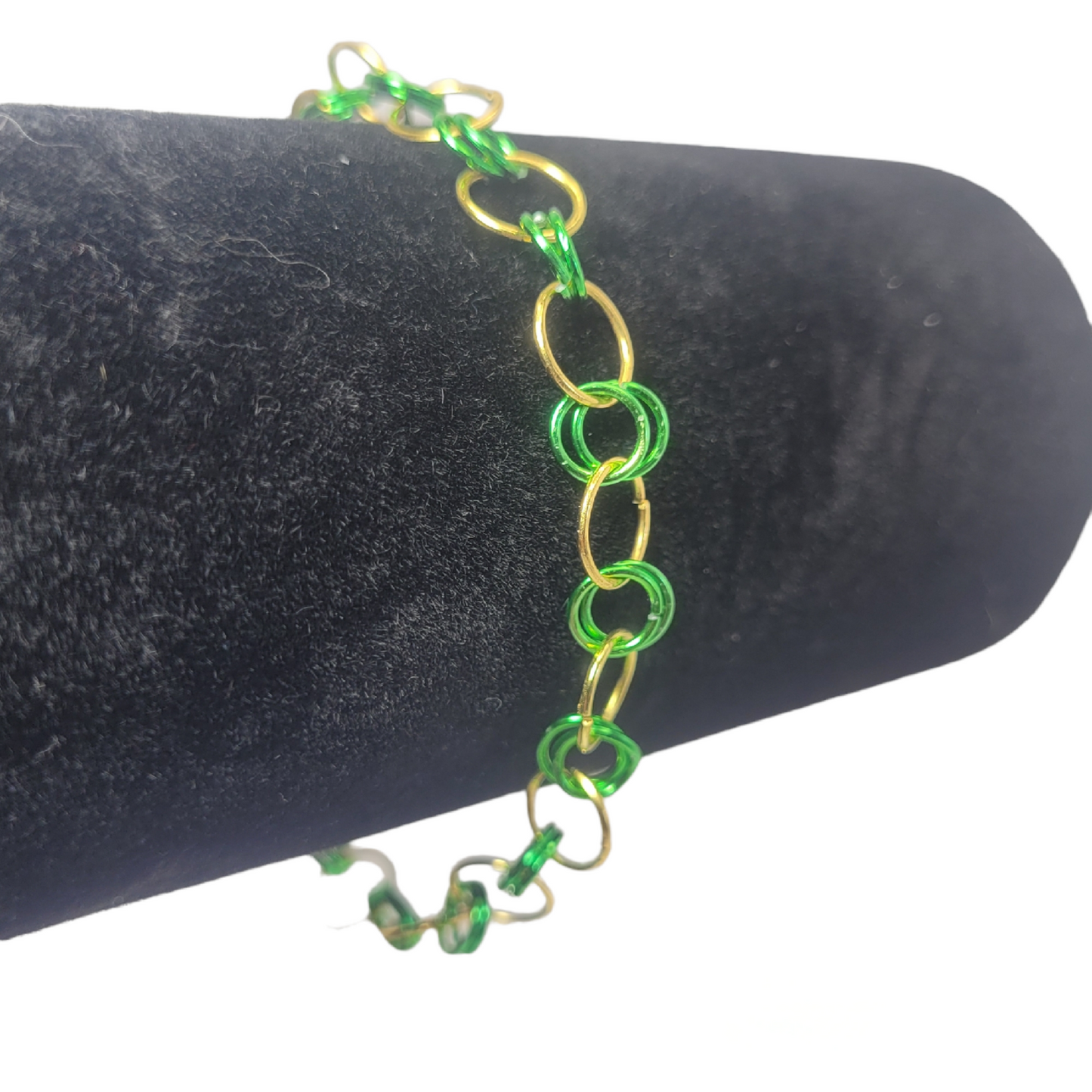 Bracelet and earring set, green and gold chainmail