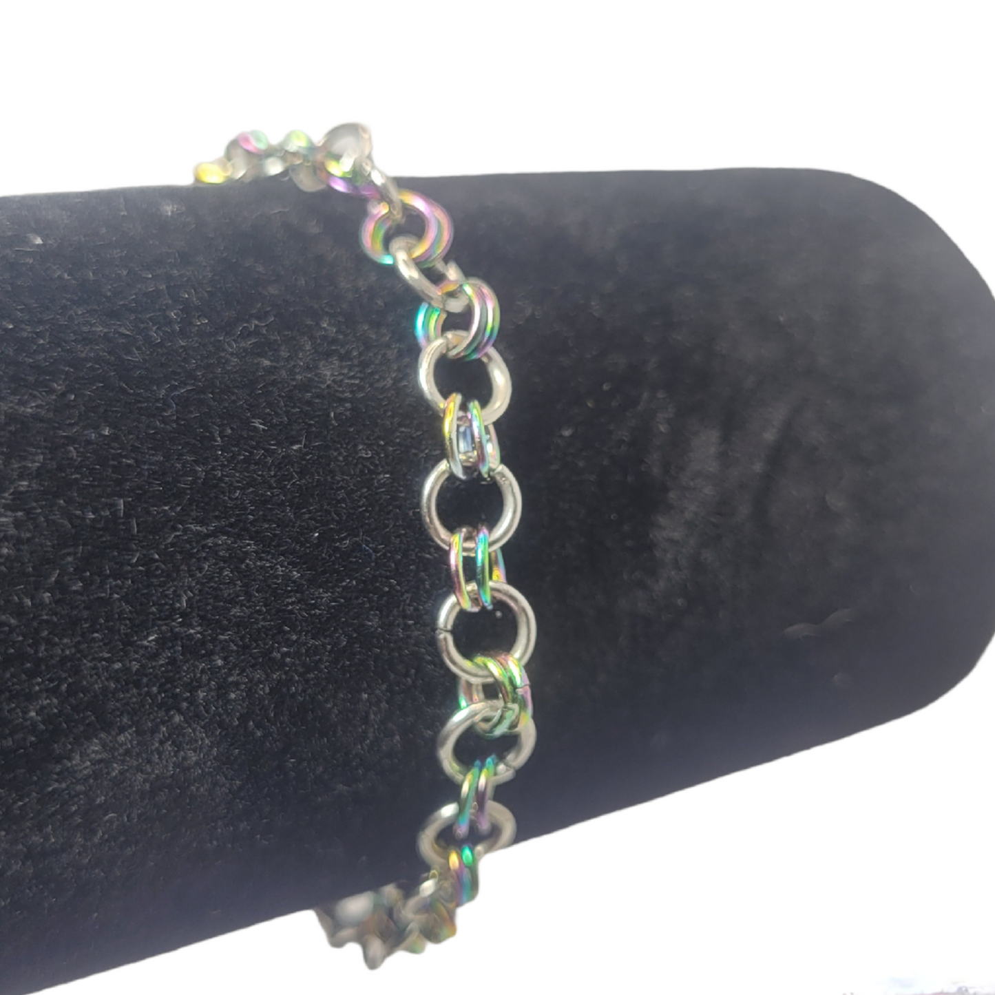 Bracelet and earring set, multichrome, rainbow stainless steel chainmail