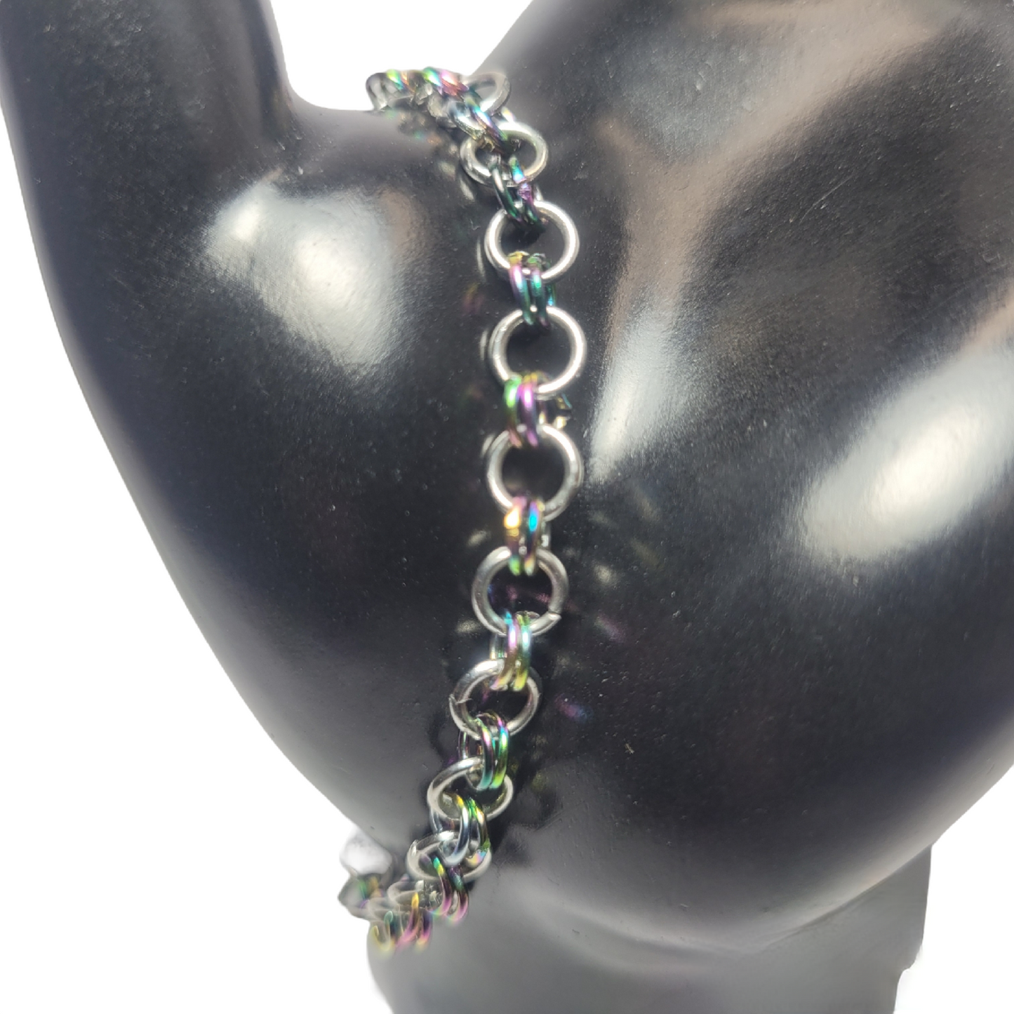 Bracelet and earring set, multichrome, rainbow stainless steel chainmail